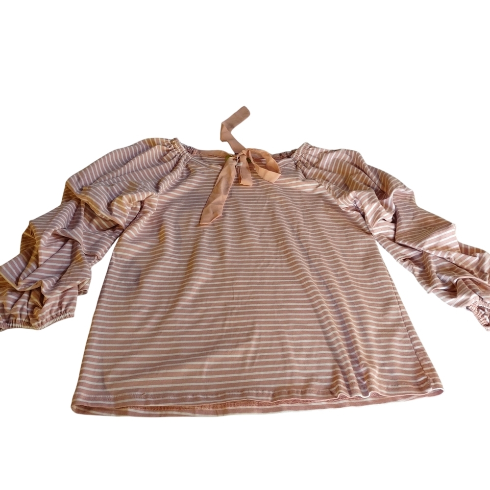Yissang Womens White Pink Striped Ruched Long Sleeve Blouse Stretch Sz XL NWT - Picture 3 of 6
